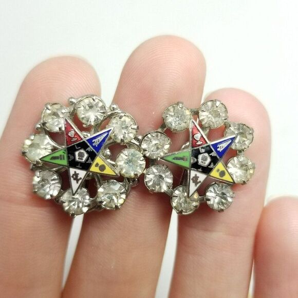 Vintage Masonic Eastern Star Rhinestone Enamel Clip On Earrings, Estate - Picture 2 of 6